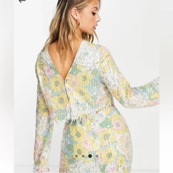 ASOS EDITION pastel floral print and sequin long sleeve top with fringe - Picture 3 of 13